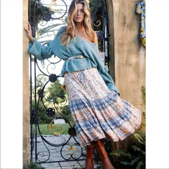 Boho Floral Maxi Skirt | Flowy Cotton Bohemian Festival Skirt - Picture 3 of 4